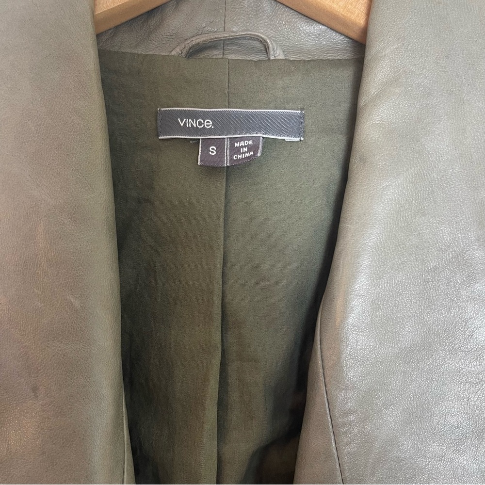 Vince Women’s Genuine Leather Jacket S Funnel Neck Olive Green Minimalist Chic - Picture 3 of 15